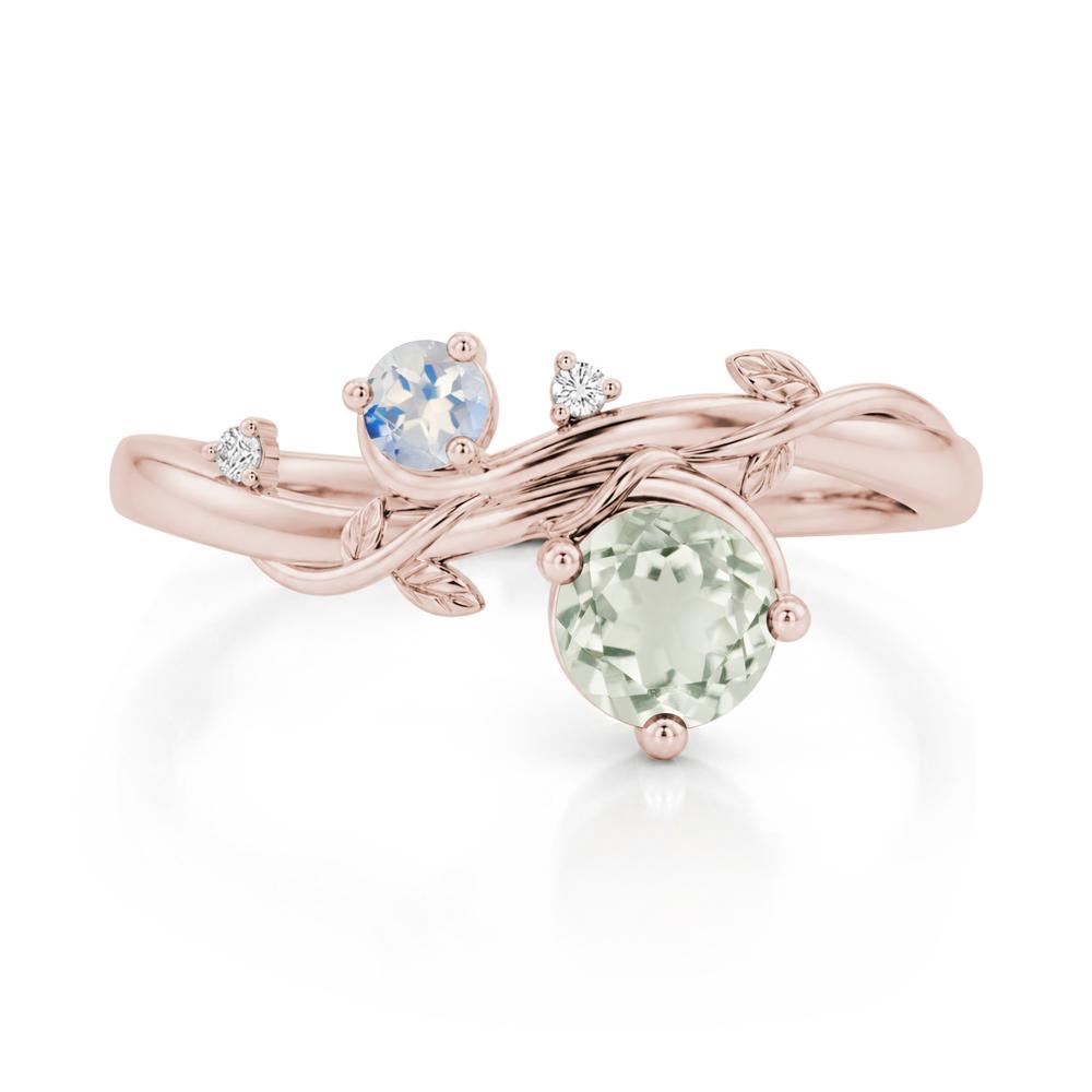 Toi Et Moi Two Stone Moissanite and Emerald Leaf Ring - LUO Jewelry #gemstone_Green Amethyst and Moonstone