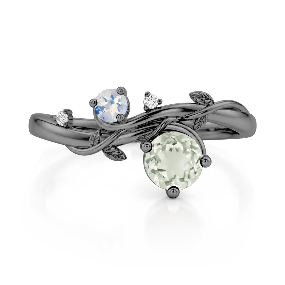 Toi Et Moi Two Stone Moissanite and Emerald Leaf Ring - LUO Jewelry #gemstone_Green Amethyst and Moonstone
