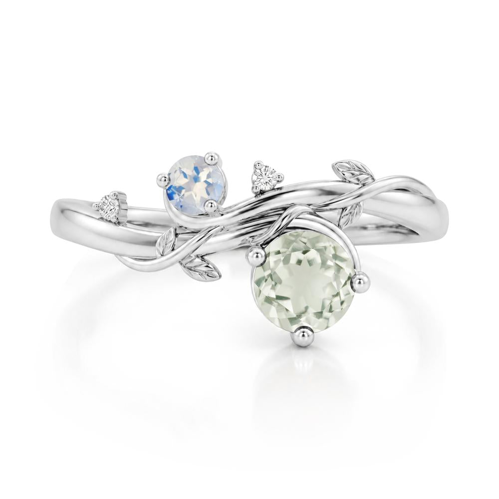 Toi Et Moi Two Stone Moissanite and Emerald Leaf Ring - LUO Jewelry #gemstone_Green Amethyst and Moonstone