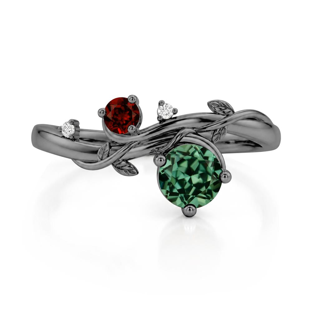 Toi Et Moi Two Stone Moissanite and Emerald Leaf Ring - LUO Jewelry #gemstone_Green Sapphire and Garnet