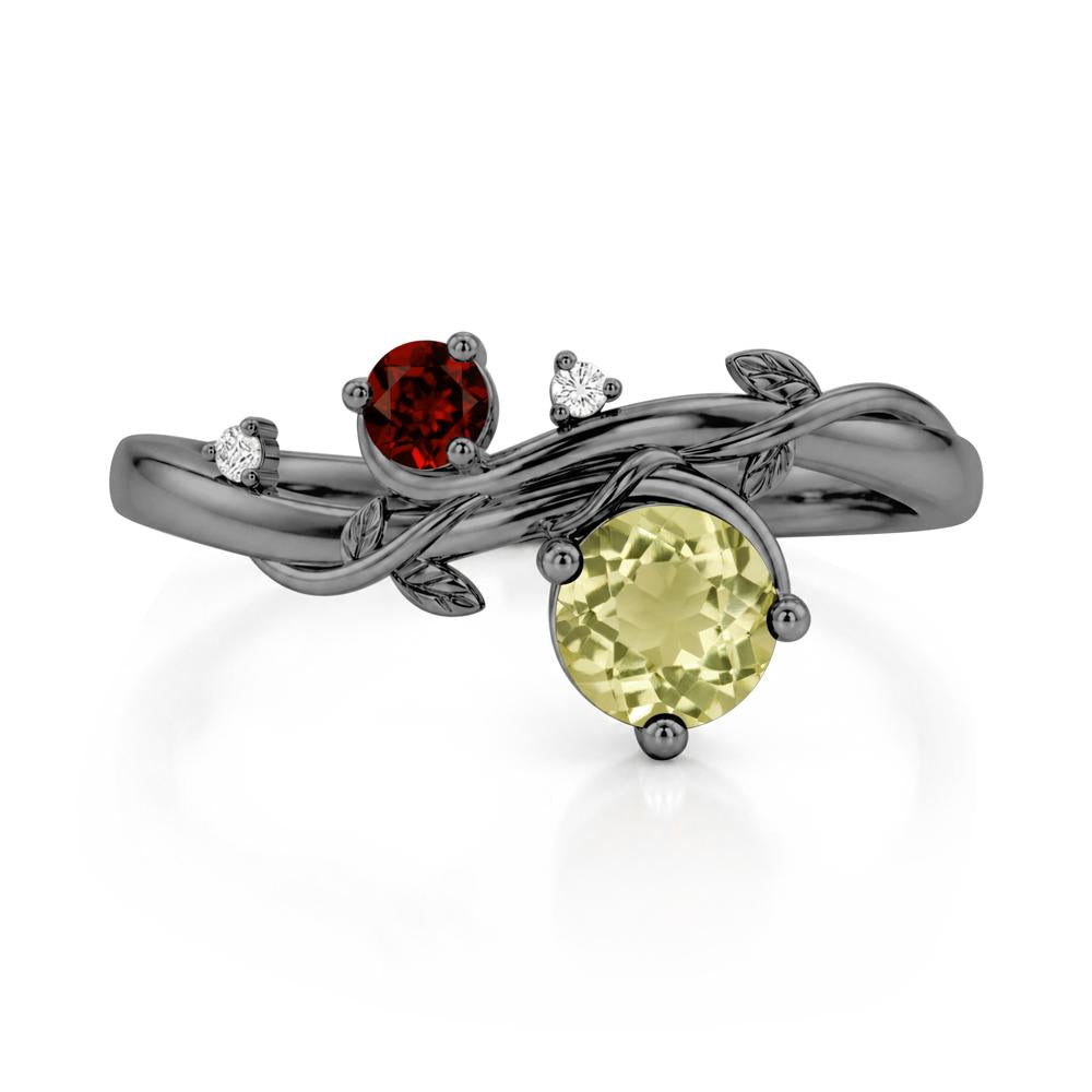 Toi Et Moi Two Stone Moissanite and Emerald Leaf Ring - LUO Jewelry #gemstone_Lemon Quartz and Garnet