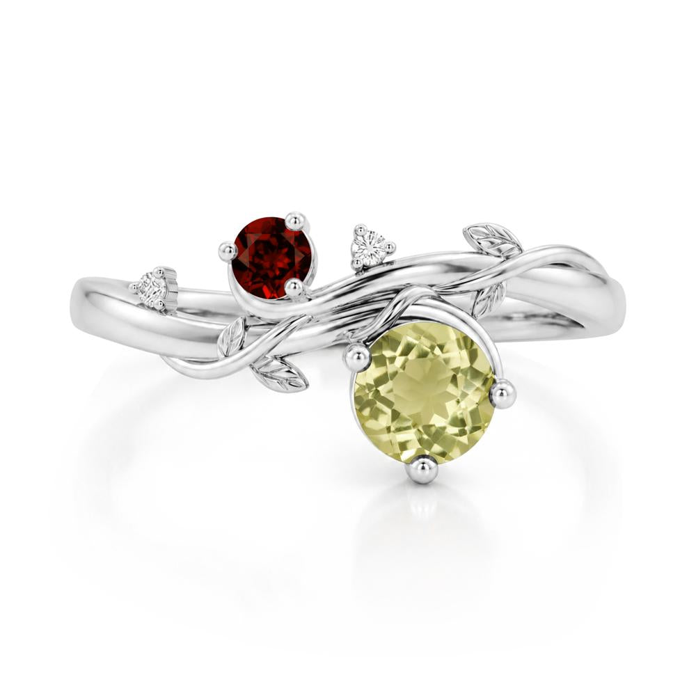 Toi Et Moi Two Stone Moissanite and Emerald Leaf Ring - LUO Jewelry #gemstone_Lemon Quartz and Garnet