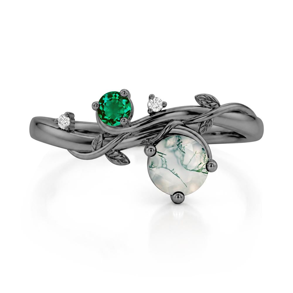 Toi Et Moi Two Stone Moissanite and Emerald Leaf Ring - LUO Jewelry #gemstone_Moss Agate and Emerald