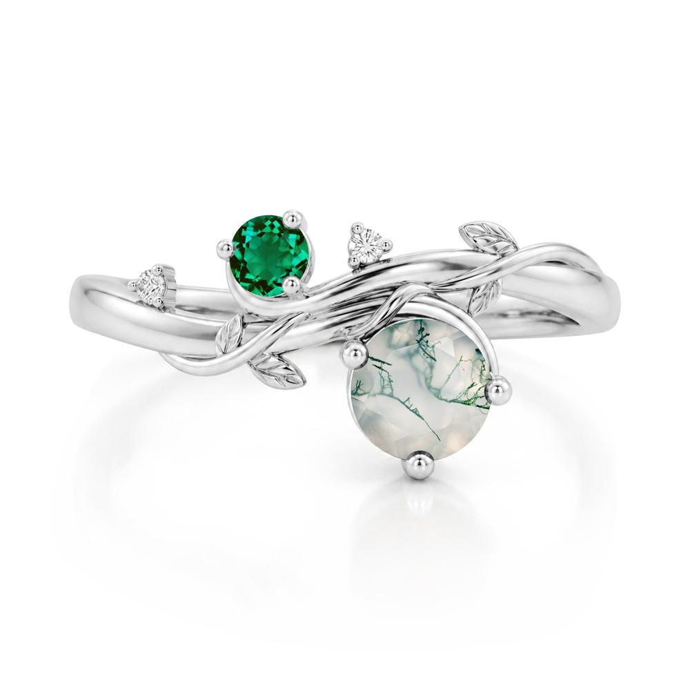 Toi Et Moi Two Stone Moissanite and Emerald Leaf Ring - LUO Jewelry #gemstone_Moss Agate and Emerald