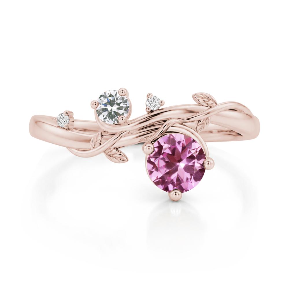 Toi Et Moi Two Stone Moissanite and Emerald Leaf Ring - LUO Jewelry #gemstone_Pink Sapphire and Cubic Zirconia