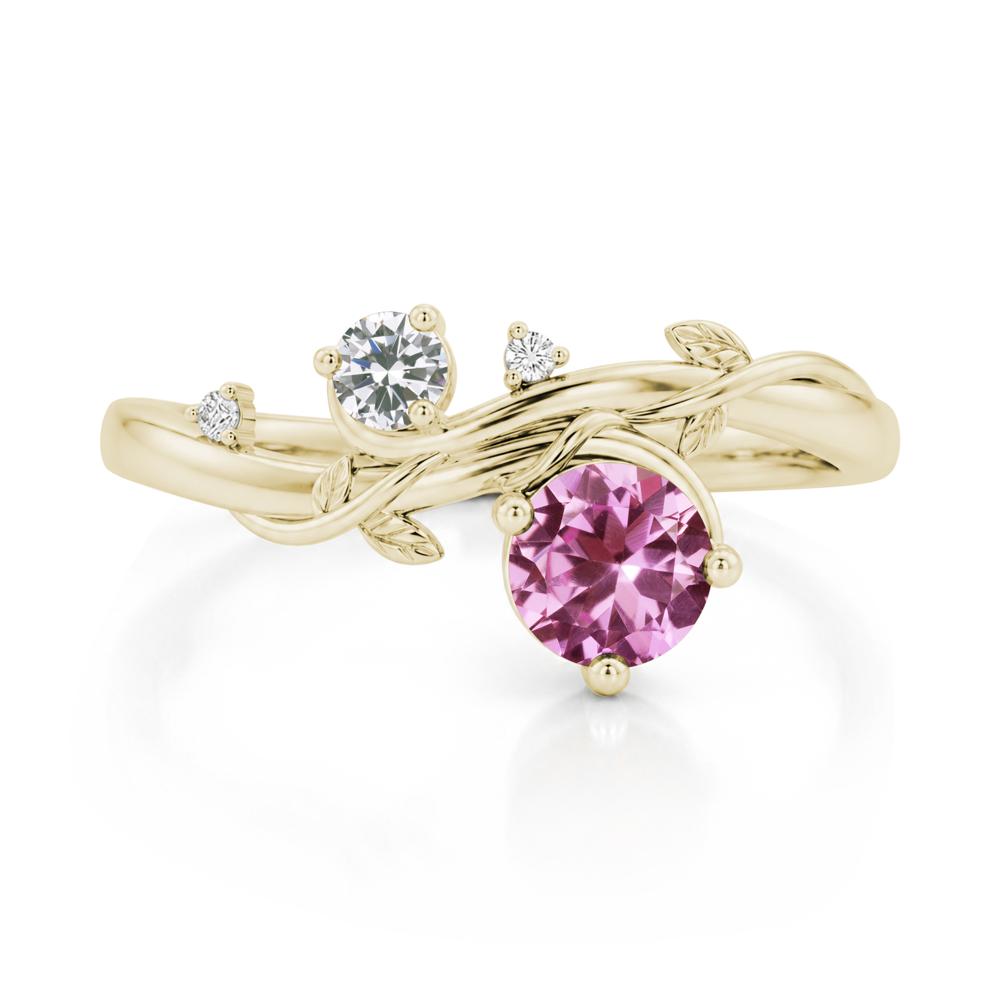Toi Et Moi Two Stone Moissanite and Emerald Leaf Ring - LUO Jewelry #gemstone_Pink Sapphire and Cubic Zirconia