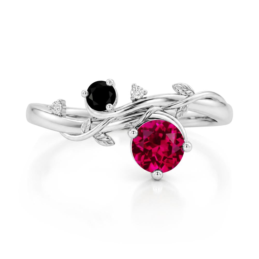 Toi Et Moi Two Stone Moissanite and Emerald Leaf Ring - LUO Jewelry #gemstone_Ruby and Black Spinel