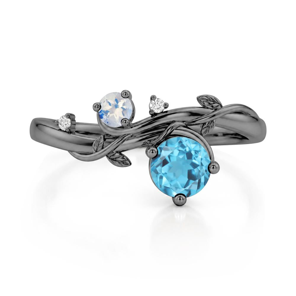 Toi Et Moi Two Stone Moissanite and Emerald Leaf Ring - LUO Jewelry #gemstone_Swiss Blue Topaz and Moonstone