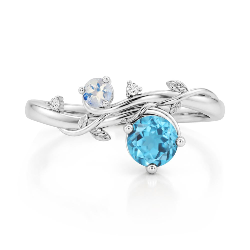 Toi Et Moi Two Stone Moissanite and Emerald Leaf Ring - LUO Jewelry #gemstone_Swiss Blue Topaz and Moonstone