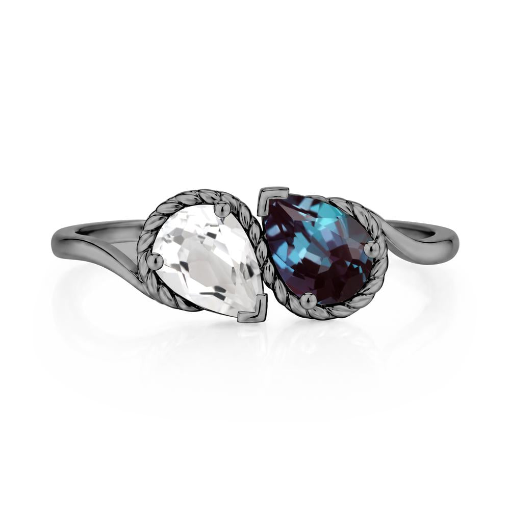 Pear Cut Emerald and Swiss Blue Topaz Twisted Toi Et Moi Ring - LUO Jewelry #gemstone_Alexandrite and White Topaz