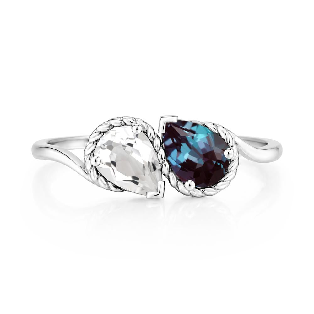 Pear Cut Emerald and Swiss Blue Topaz Twisted Toi Et Moi Ring - LUO Jewelry #gemstone_Alexandrite and White Topaz