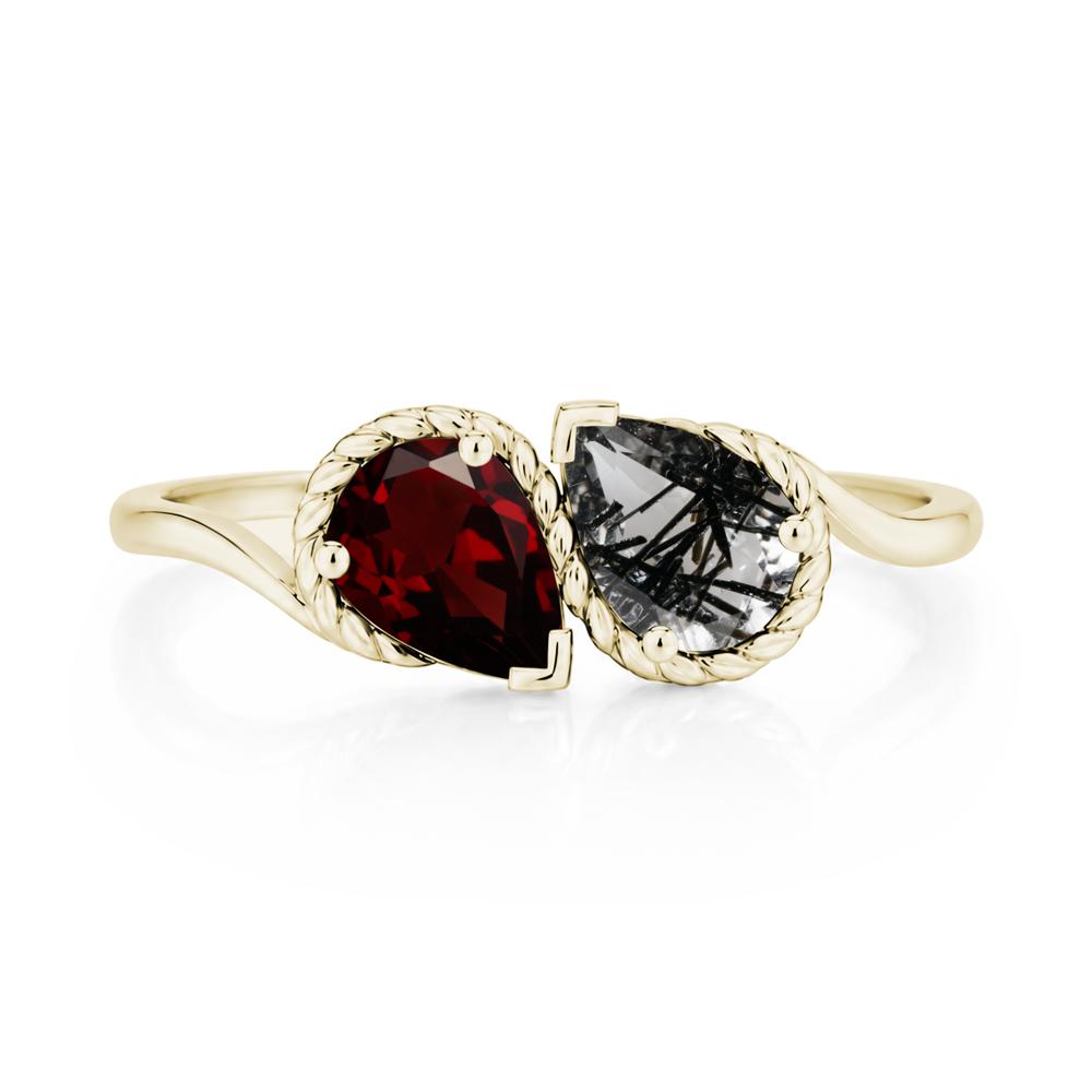 Pear Cut Emerald and Swiss Blue Topaz Twisted Toi Et Moi Ring - LUO Jewelry #gemstone_Black Rutilated Quartz and Garnet
