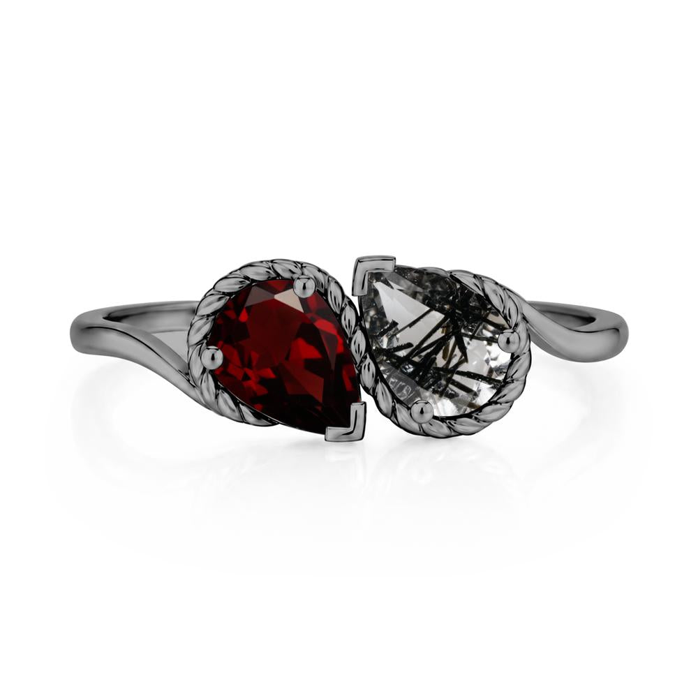 Pear Cut Emerald and Swiss Blue Topaz Twisted Toi Et Moi Ring - LUO Jewelry #gemstone_Black Rutilated Quartz and Garnet