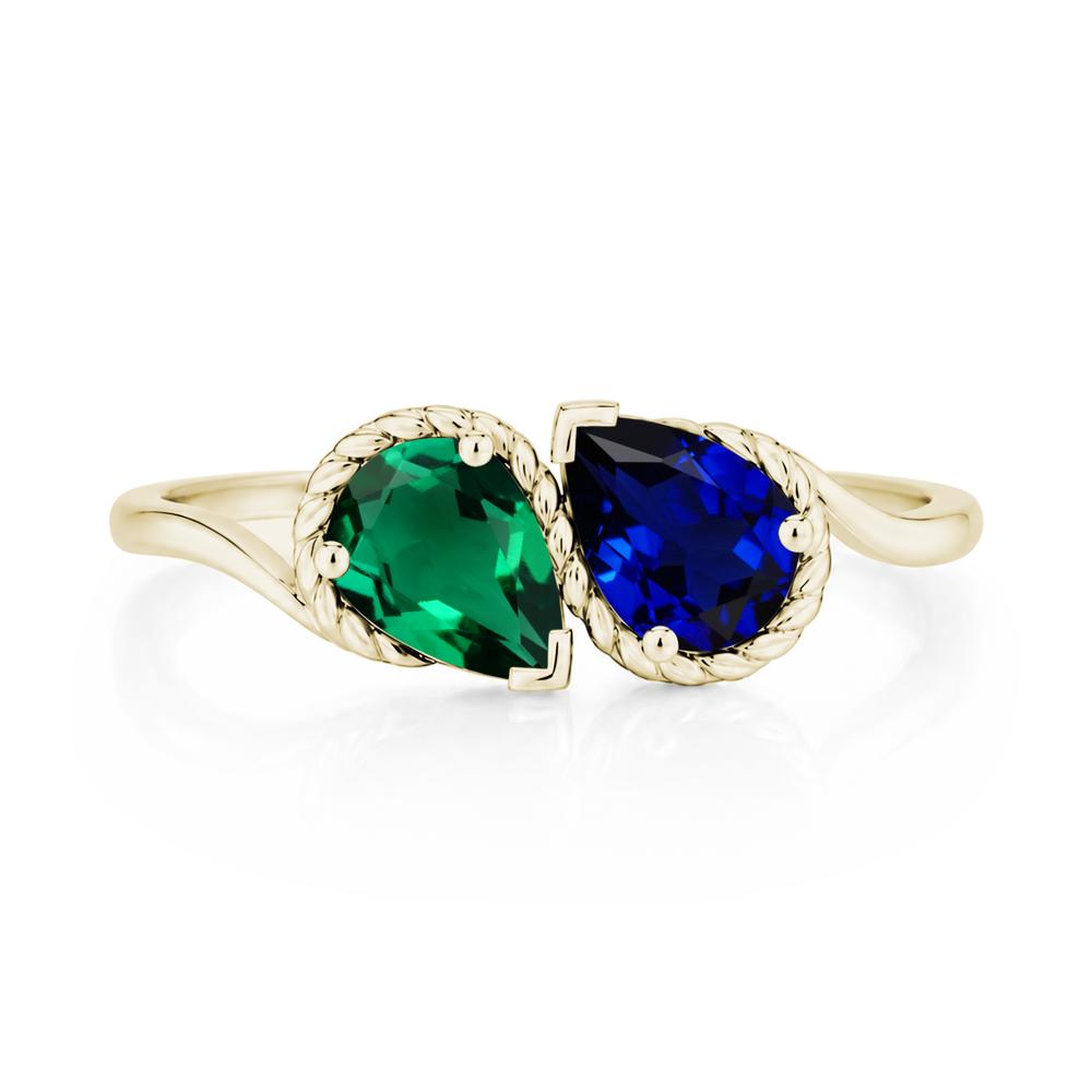 Pear Cut Emerald and Swiss Blue Topaz Twisted Toi Et Moi Ring - LUO Jewelry #gemstone_Emerald and Sapphire