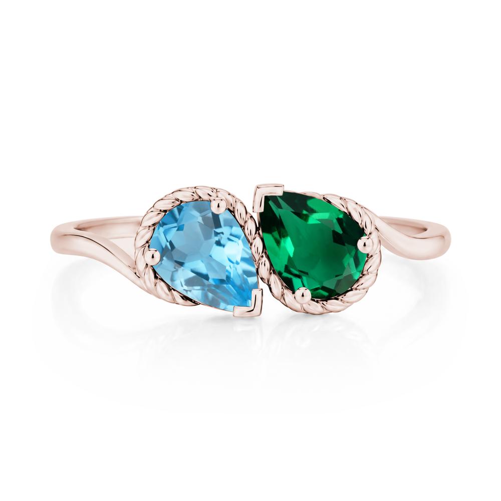Pear Cut Emerald and Swiss Blue Topaz Twisted Toi Et Moi Ring - LUO Jewelry #gemstone_Emerald and Swiss Blue Topaz