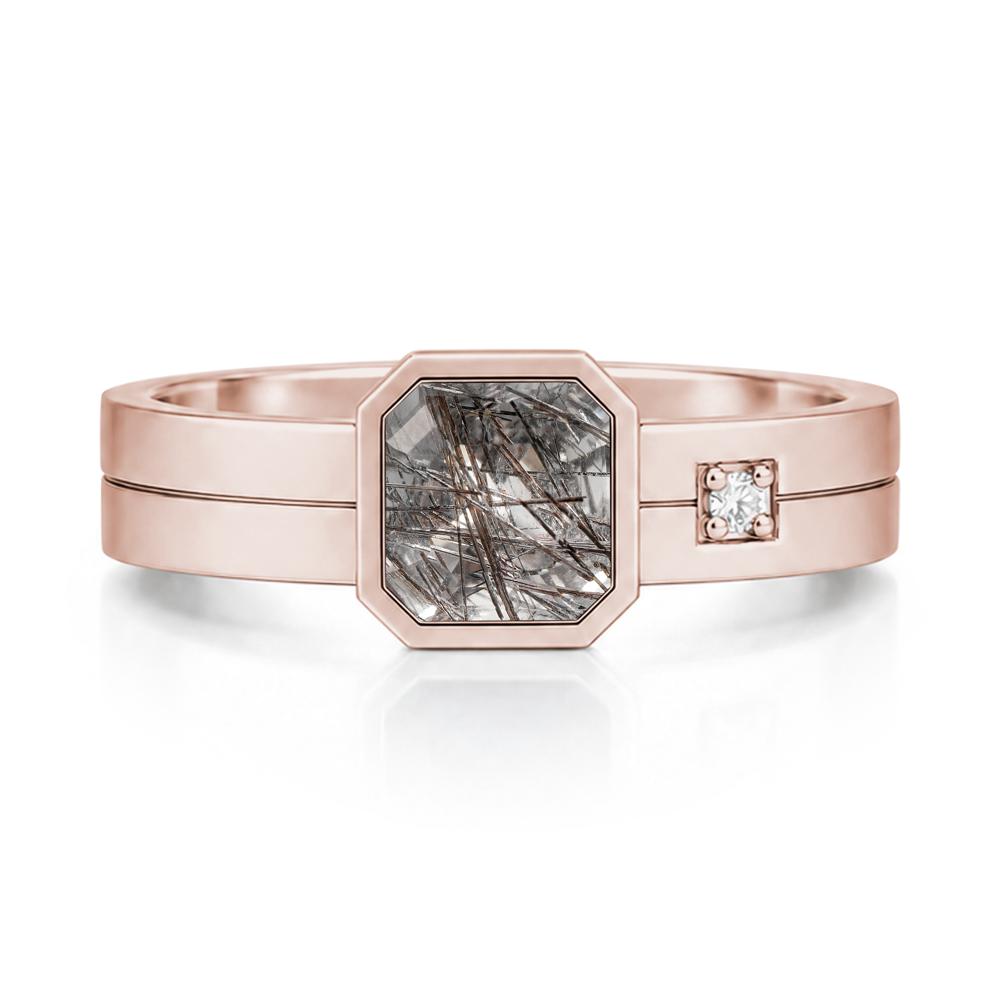 Bezel Setting Asscher Cut Emerald Mens Ring - LUO Jewelry #gemstone_Black Rutilated Quartz