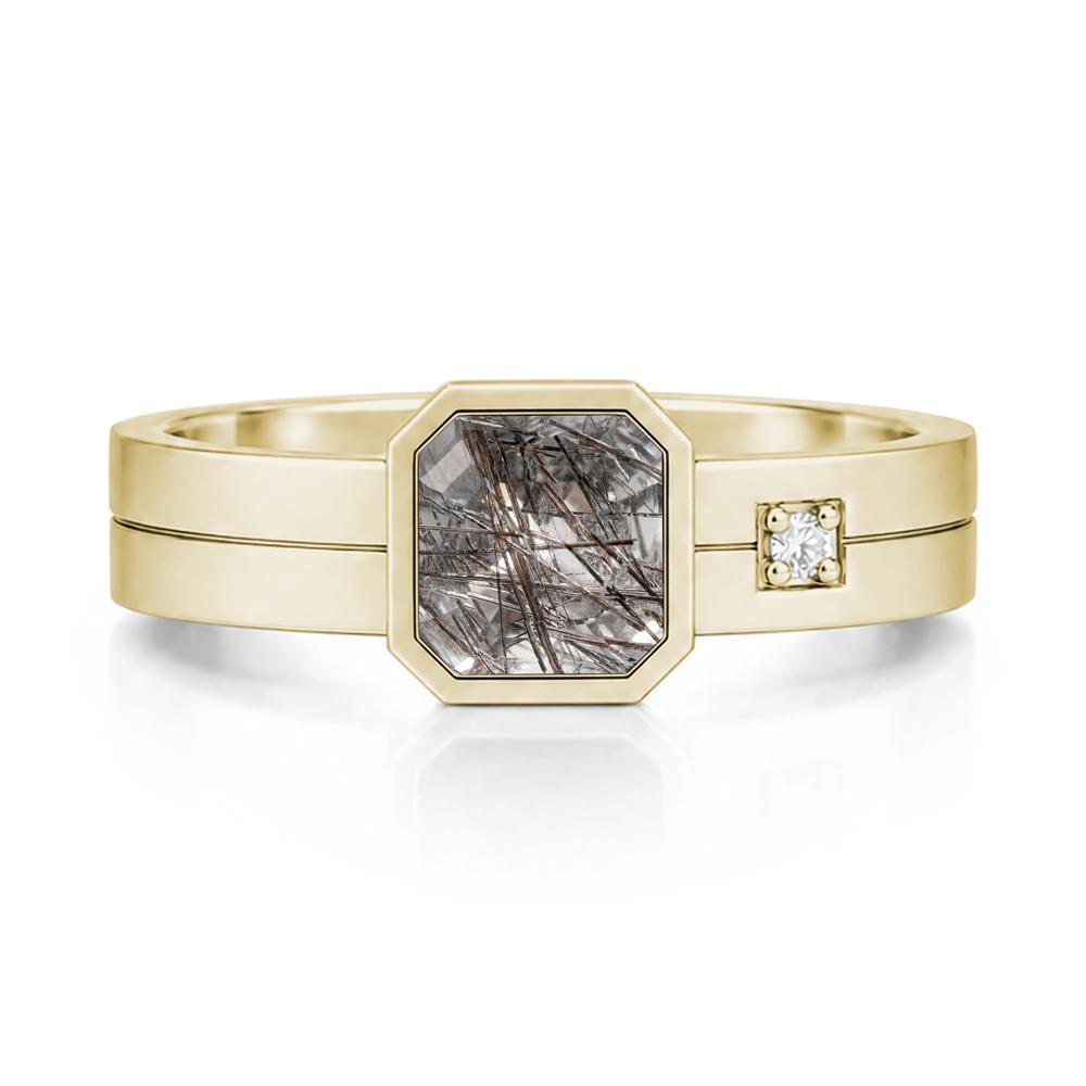 Bezel Setting Asscher Cut Emerald Mens Ring - LUO Jewelry #gemstone_Black Rutilated Quartz