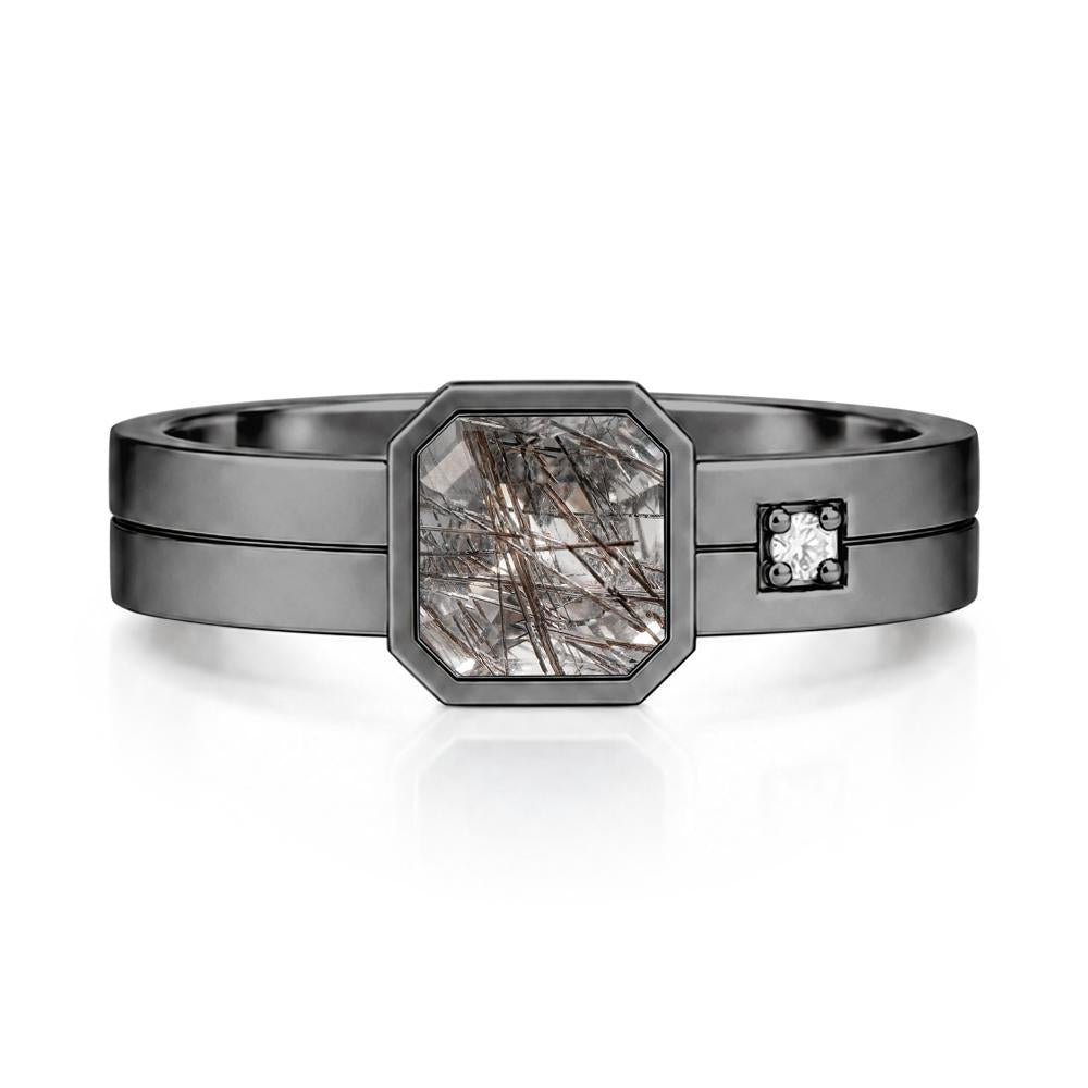 Bezel Setting Asscher Cut Emerald Mens Ring - LUO Jewelry #gemstone_Black Rutilated Quartz