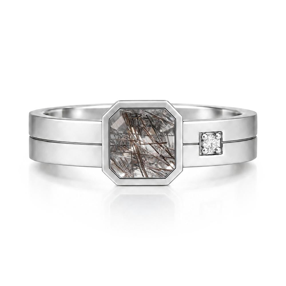 Bezel Setting Asscher Cut Emerald Mens Ring - LUO Jewelry #gemstone_Black Rutilated Quartz