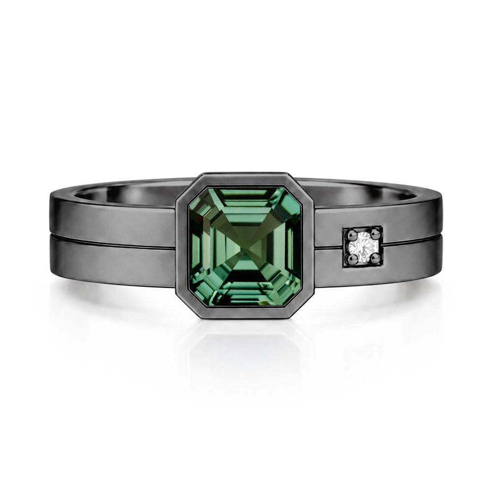 Bezel Setting Asscher Cut Emerald Mens Ring - LUO Jewelry #gemstone_Green Sapphire