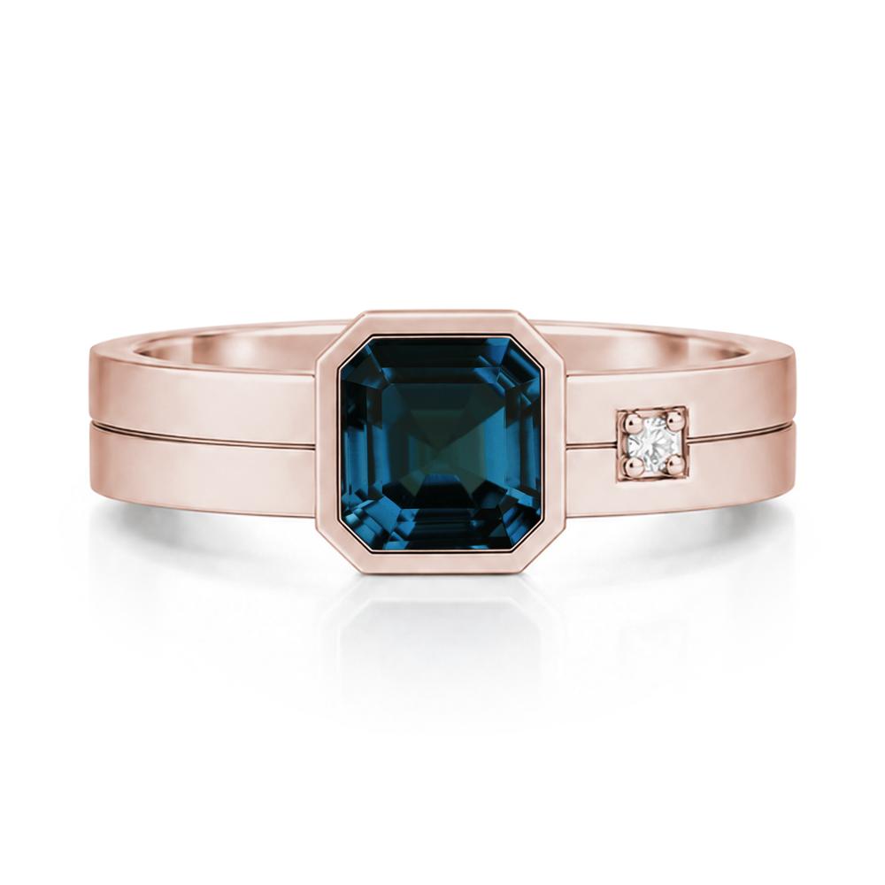 Bezel Setting Asscher Cut Emerald Mens Ring - LUO Jewelry #gemstone_London Blue Topaz