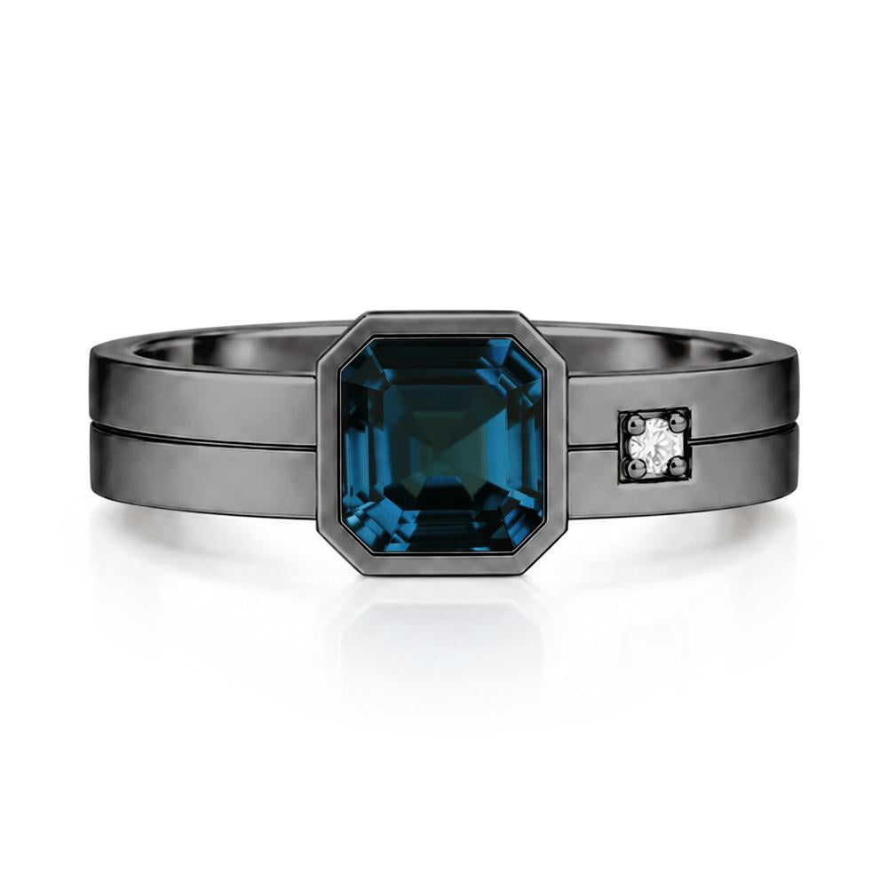 Bezel Setting Asscher Cut Emerald Mens Ring - LUO Jewelry #gemstone_London Blue Topaz