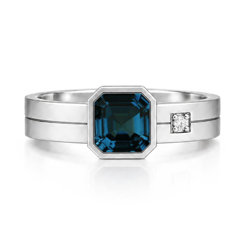 Bezel Setting Asscher Cut Emerald Mens Ring - LUO Jewelry #gemstone_London Blue Topaz