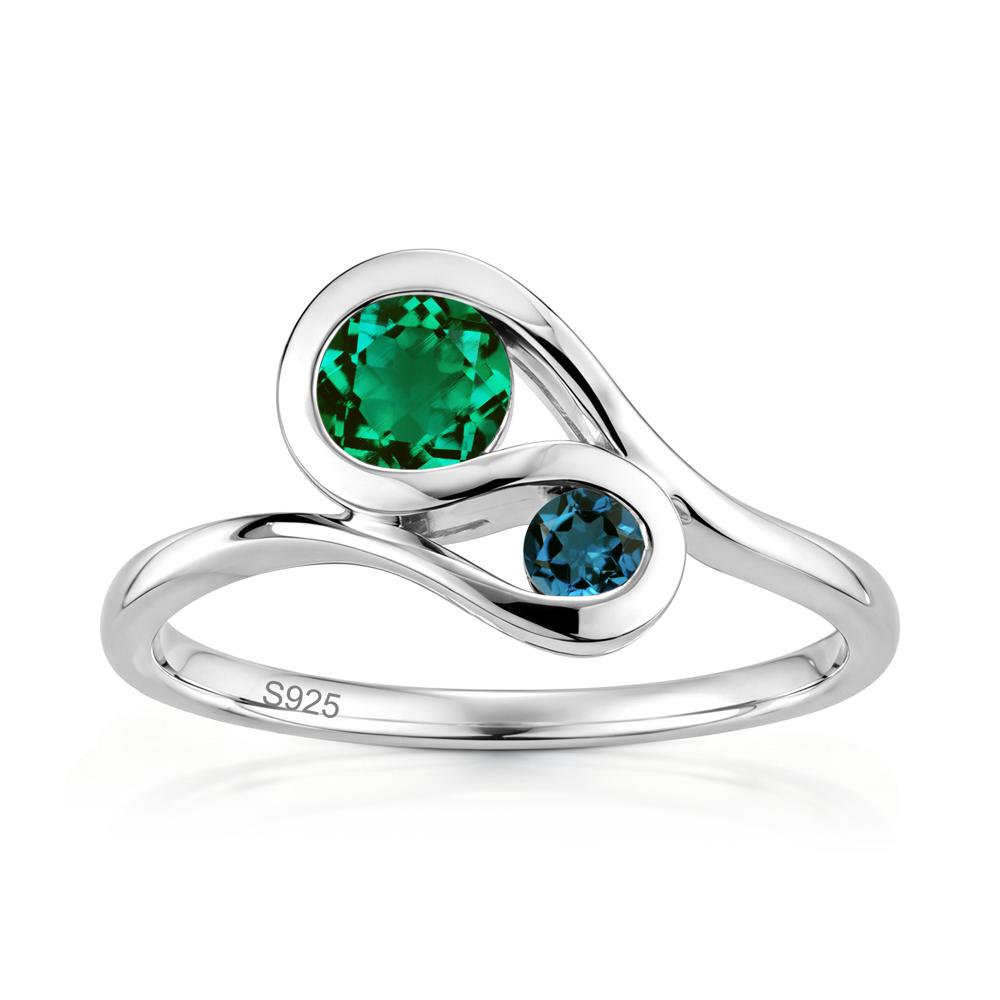 Two Stone Toi Et Moi Green Sapphire and Emerald Bypass Ring - LUO Jewelry #gemstone_Emerald and London Blue Topaz