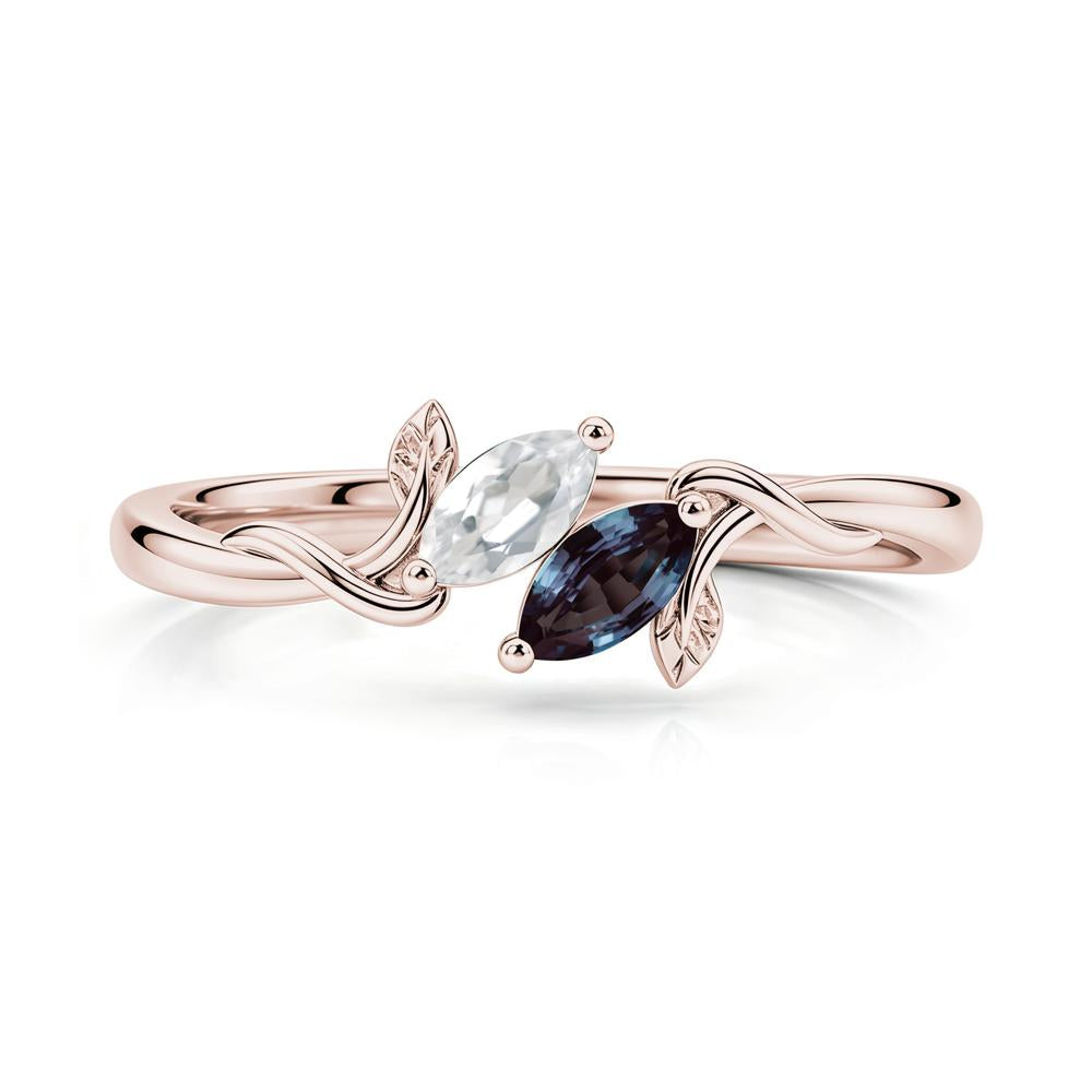 Bypass Leaf Toi Et Moi Rose Quartz and Ruby Ring - LUO Jewelry #gemstone_Alexandrite and White Topaz