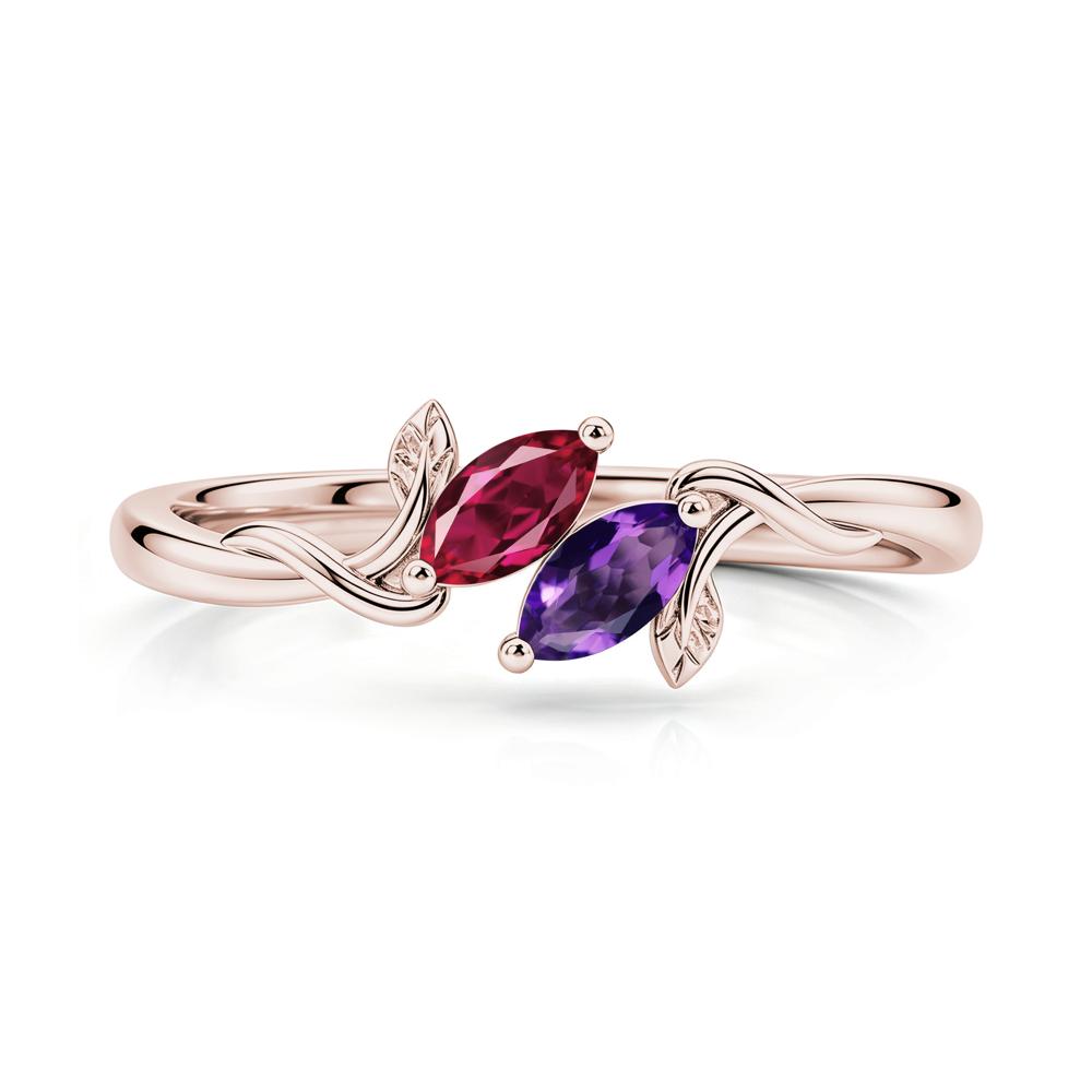 Bypass Leaf Toi Et Moi Rose Quartz and Ruby Ring - LUO Jewelry #gemstone_Amethyst and Ruby