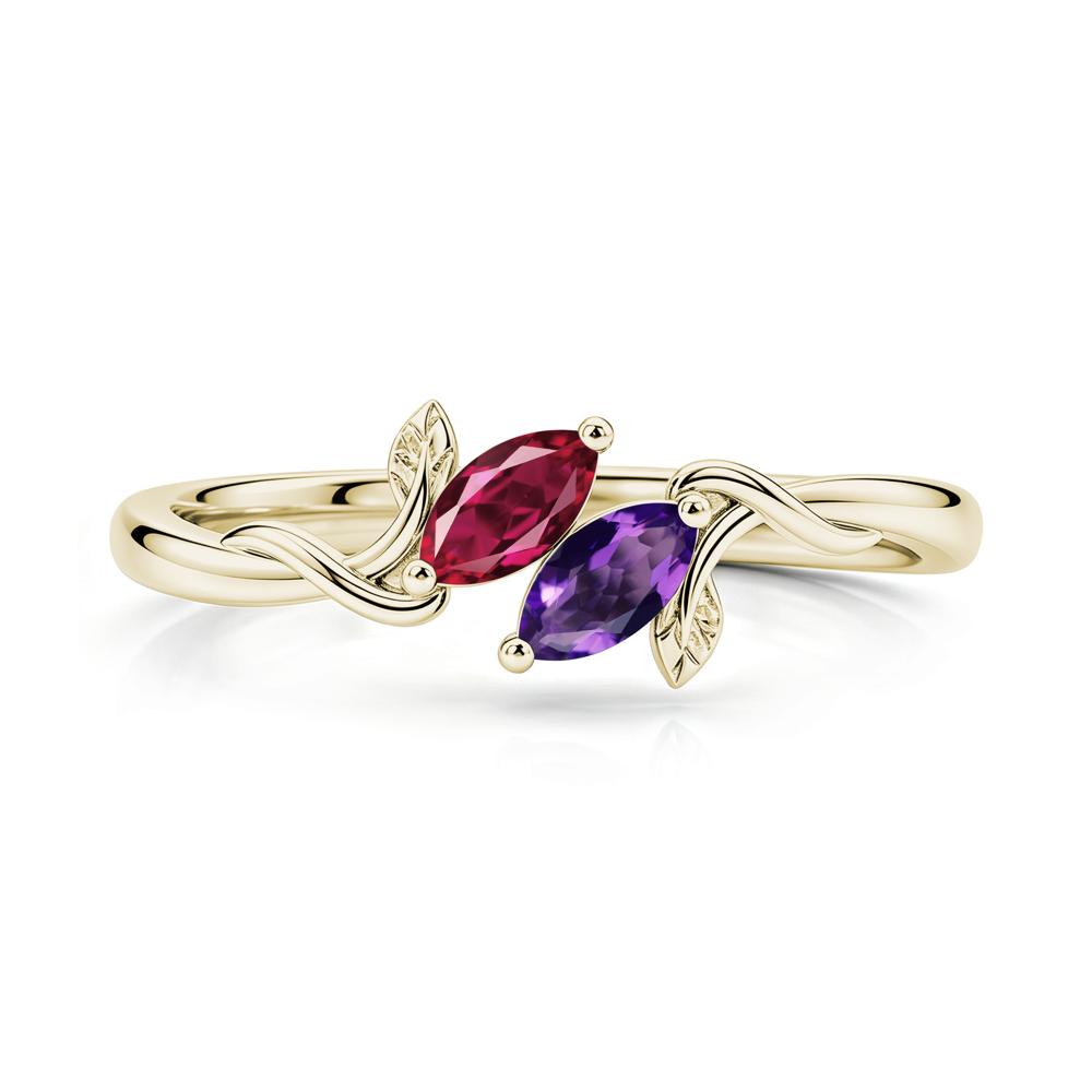 Bypass Leaf Toi Et Moi Rose Quartz and Ruby Ring - LUO Jewelry #gemstone_Amethyst and Ruby