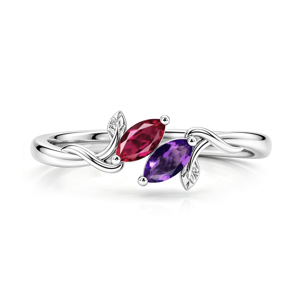 Bypass Leaf Toi Et Moi Rose Quartz and Ruby Ring - LUO Jewelry #gemstone_Amethyst and Ruby