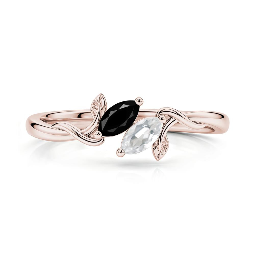 Bypass Leaf Toi Et Moi Rose Quartz and Ruby Ring - LUO Jewelry #gemstone_Black Spinel and White Topaz
