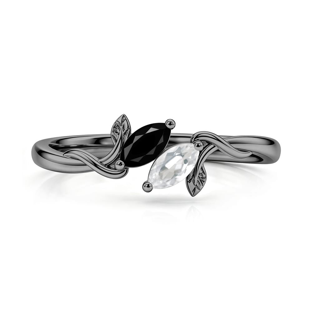 Bypass Leaf Toi Et Moi Rose Quartz and Ruby Ring - LUO Jewelry #gemstone_Black Spinel and White Topaz