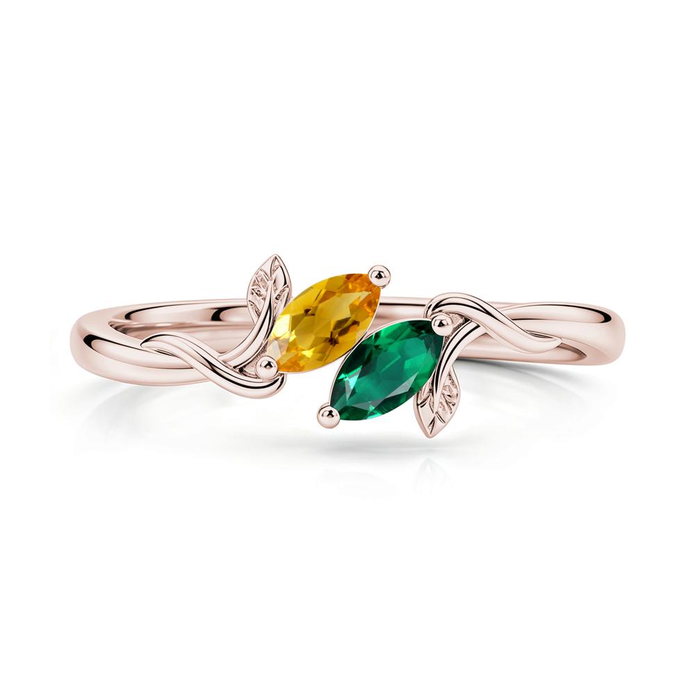 Bypass Leaf Toi Et Moi Rose Quartz and Ruby Ring - LUO Jewelry #gemstone_Citrine and Emerald