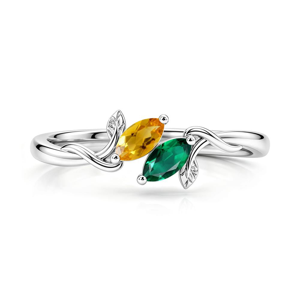Bypass Leaf Toi Et Moi Rose Quartz and Ruby Ring - LUO Jewelry #gemstone_Citrine and Emerald