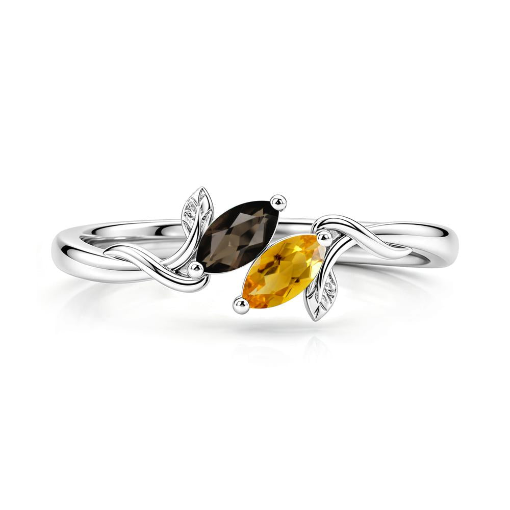 Bypass Leaf Toi Et Moi Rose Quartz and Ruby Ring - LUO Jewelry #gemstone_Citrine and Smoky Quartz