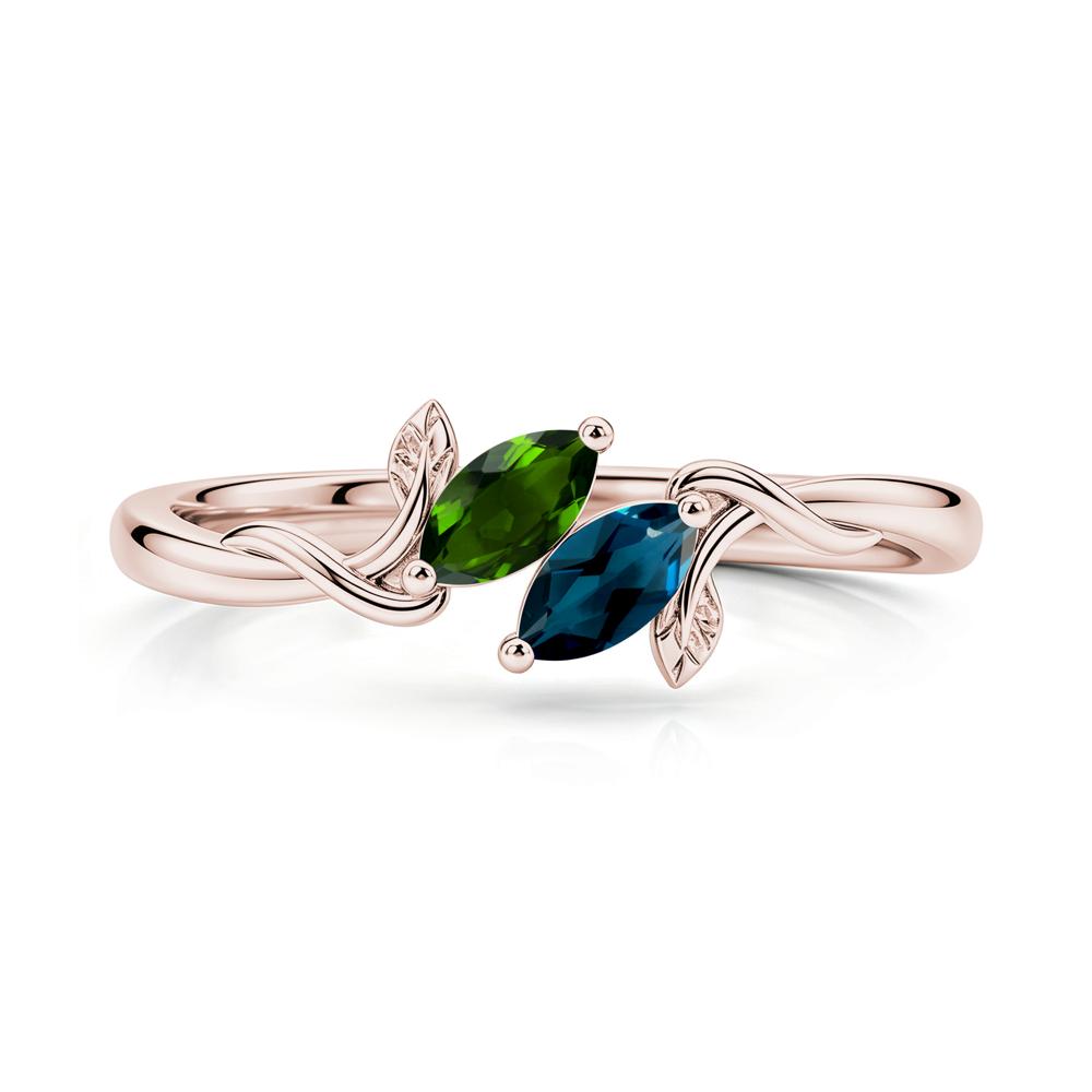 Bypass Leaf Toi Et Moi Rose Quartz and Ruby Ring - LUO Jewelry #gemstone_Diopside and London Blue Topaz