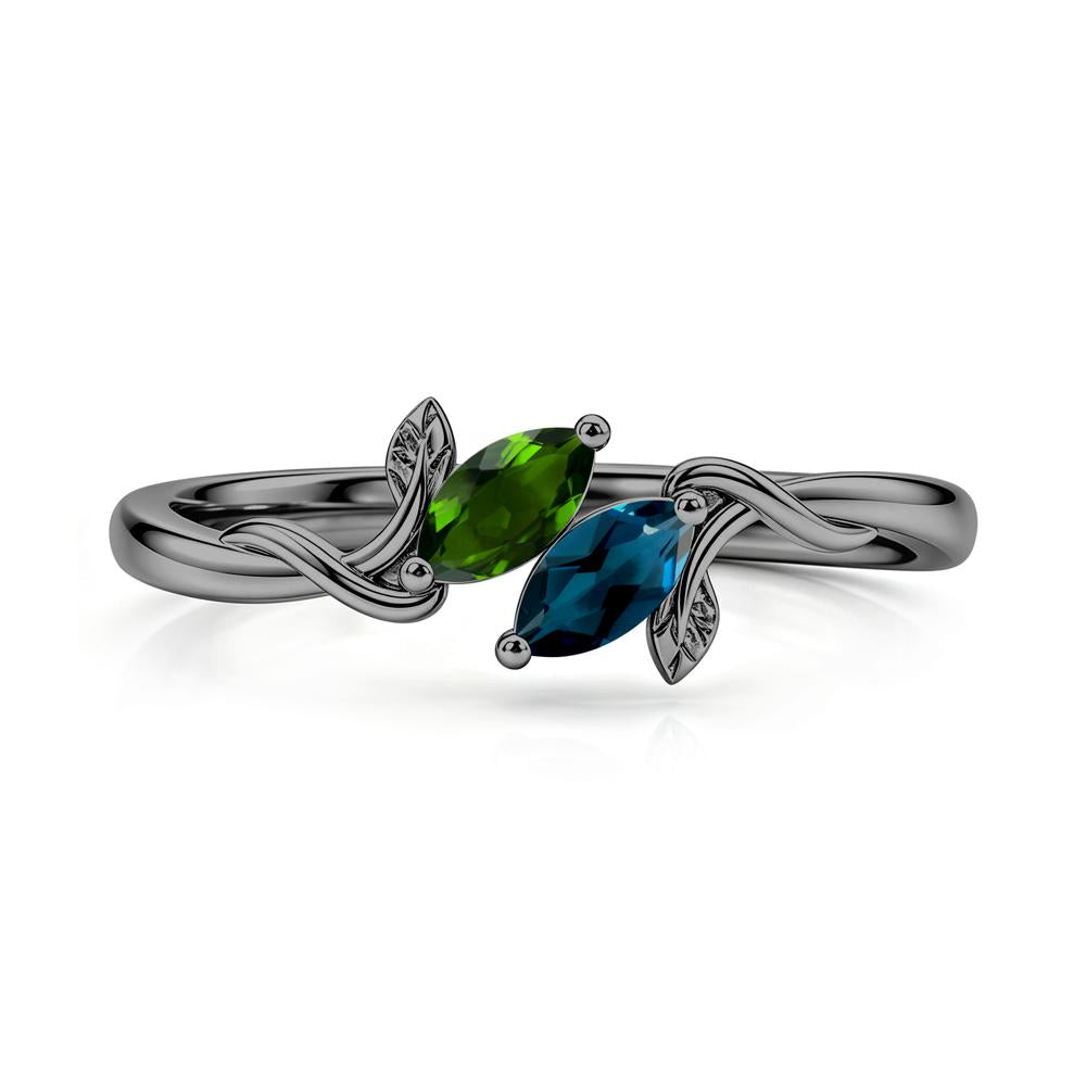 Bypass Leaf Toi Et Moi Rose Quartz and Ruby Ring - LUO Jewelry #gemstone_Diopside and London Blue Topaz