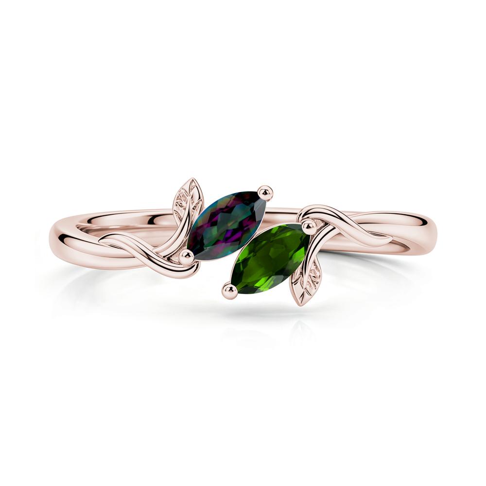 Bypass Leaf Toi Et Moi Rose Quartz and Ruby Ring - LUO Jewelry #gemstone_Diopside and Mystic Topaz