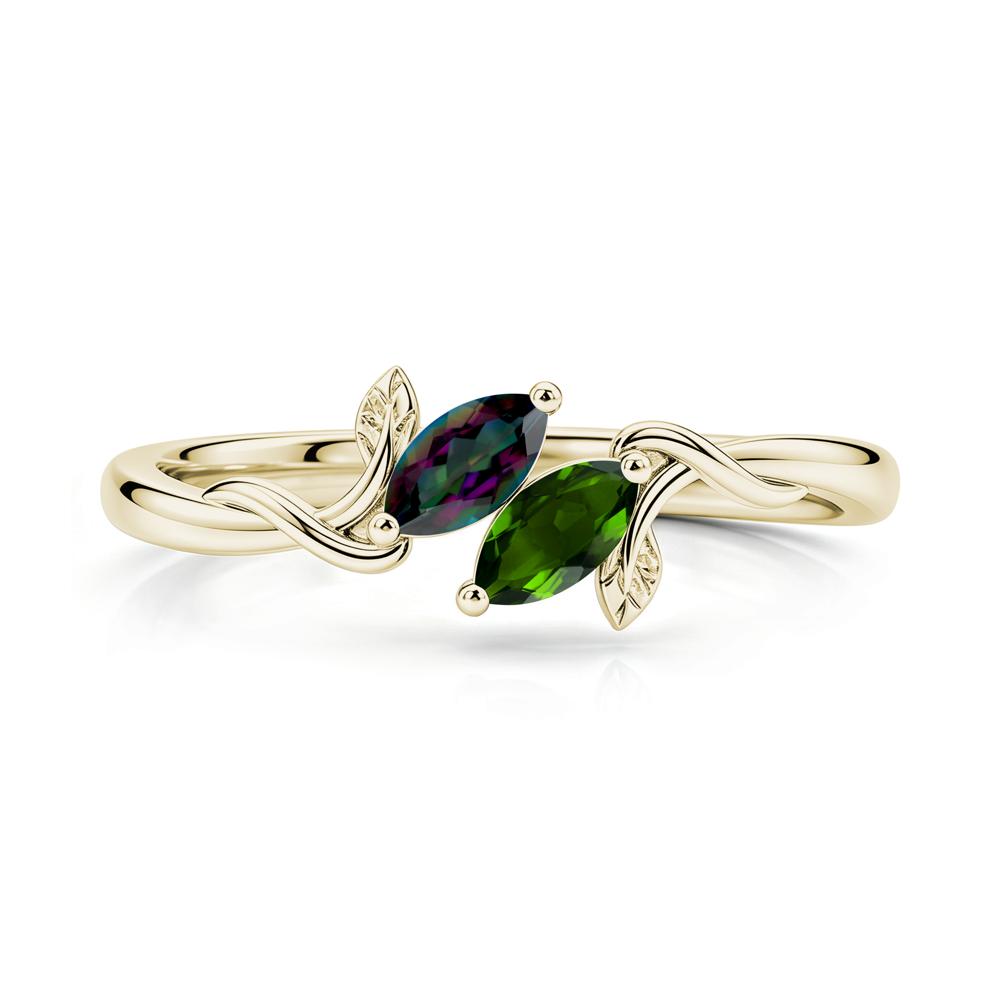 Bypass Leaf Toi Et Moi Rose Quartz and Ruby Ring - LUO Jewelry #gemstone_Diopside and Mystic Topaz