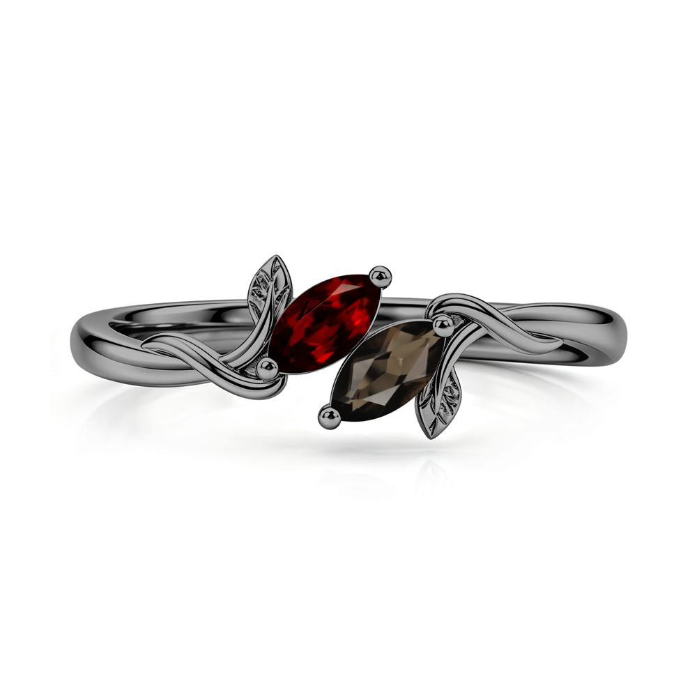 Bypass Leaf Toi Et Moi Rose Quartz and Ruby Ring - LUO Jewelry #gemstone_Garnet and Smoky Quartz
