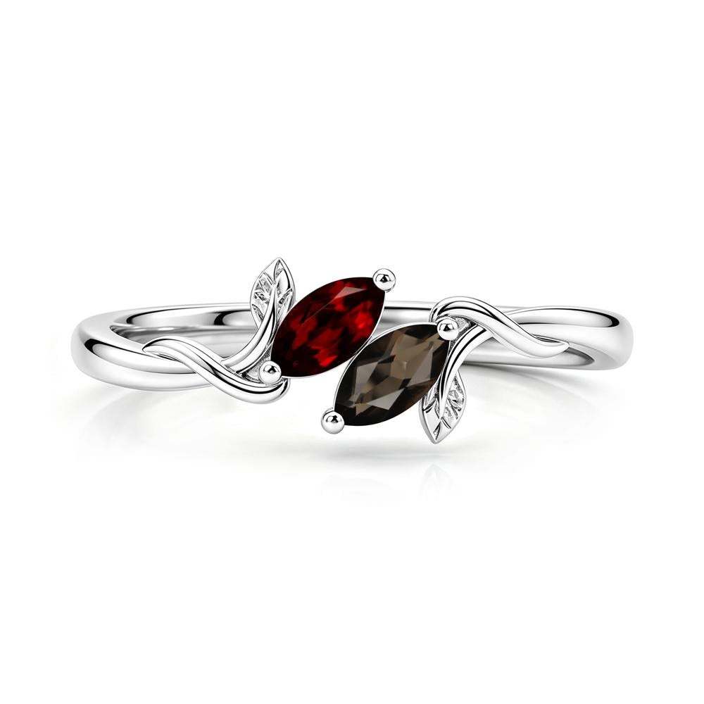 Bypass Leaf Toi Et Moi Rose Quartz and Ruby Ring - LUO Jewelry #gemstone_Garnet and Smoky Quartz