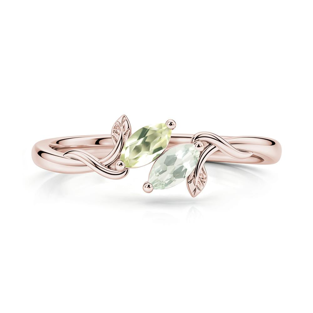 Bypass Leaf Toi Et Moi Rose Quartz and Ruby Ring - LUO Jewelry #gemstone_Green Amethyst and Lemon Quartz