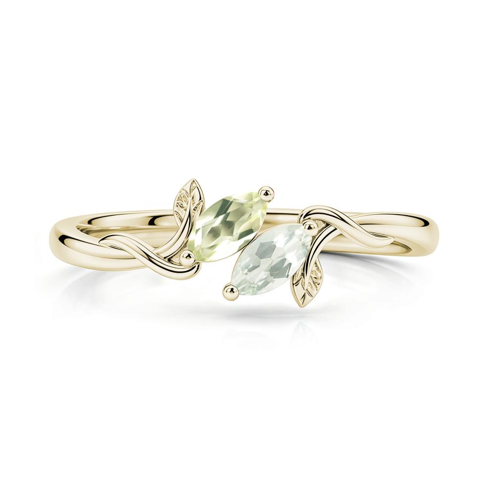 Bypass Leaf Toi Et Moi Rose Quartz and Ruby Ring - LUO Jewelry #gemstone_Green Amethyst and Lemon Quartz
