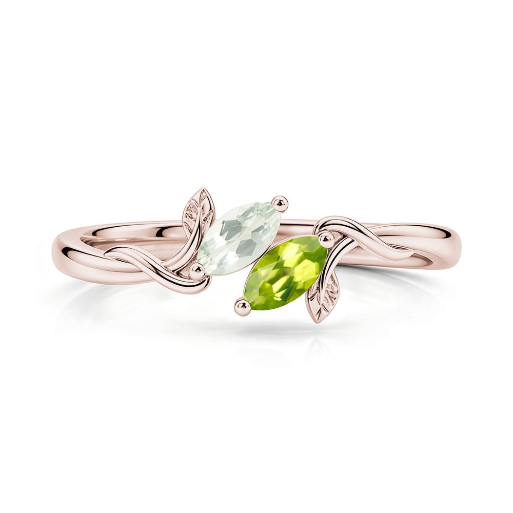 Bypass Leaf Toi Et Moi Rose Quartz and Ruby Ring - LUO Jewelry #gemstone_Green Amethyst and Peridot