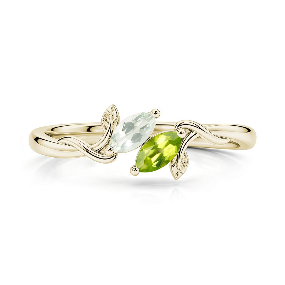 Bypass Leaf Toi Et Moi Rose Quartz and Ruby Ring - LUO Jewelry #gemstone_Green Amethyst and Peridot