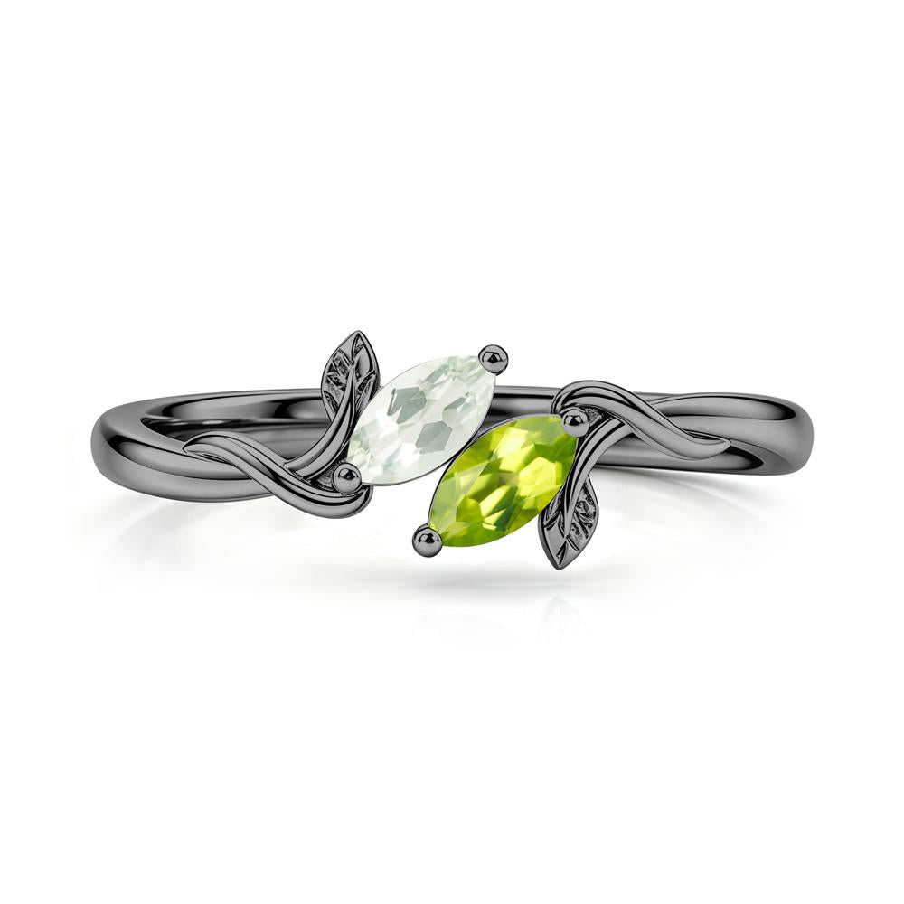 Bypass Leaf Toi Et Moi Rose Quartz and Ruby Ring - LUO Jewelry #gemstone_Green Amethyst and Peridot