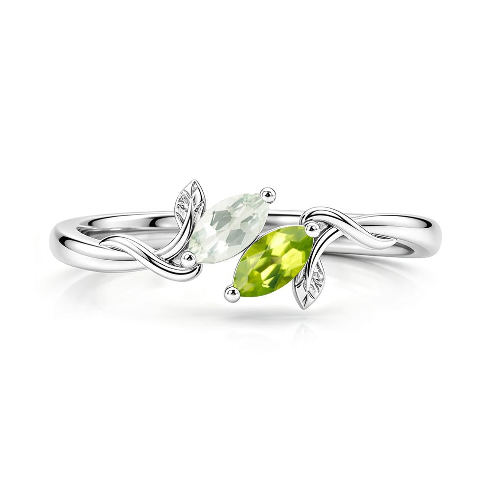Bypass Leaf Toi Et Moi Rose Quartz and Ruby Ring - LUO Jewelry #gemstone_Green Amethyst and Peridot