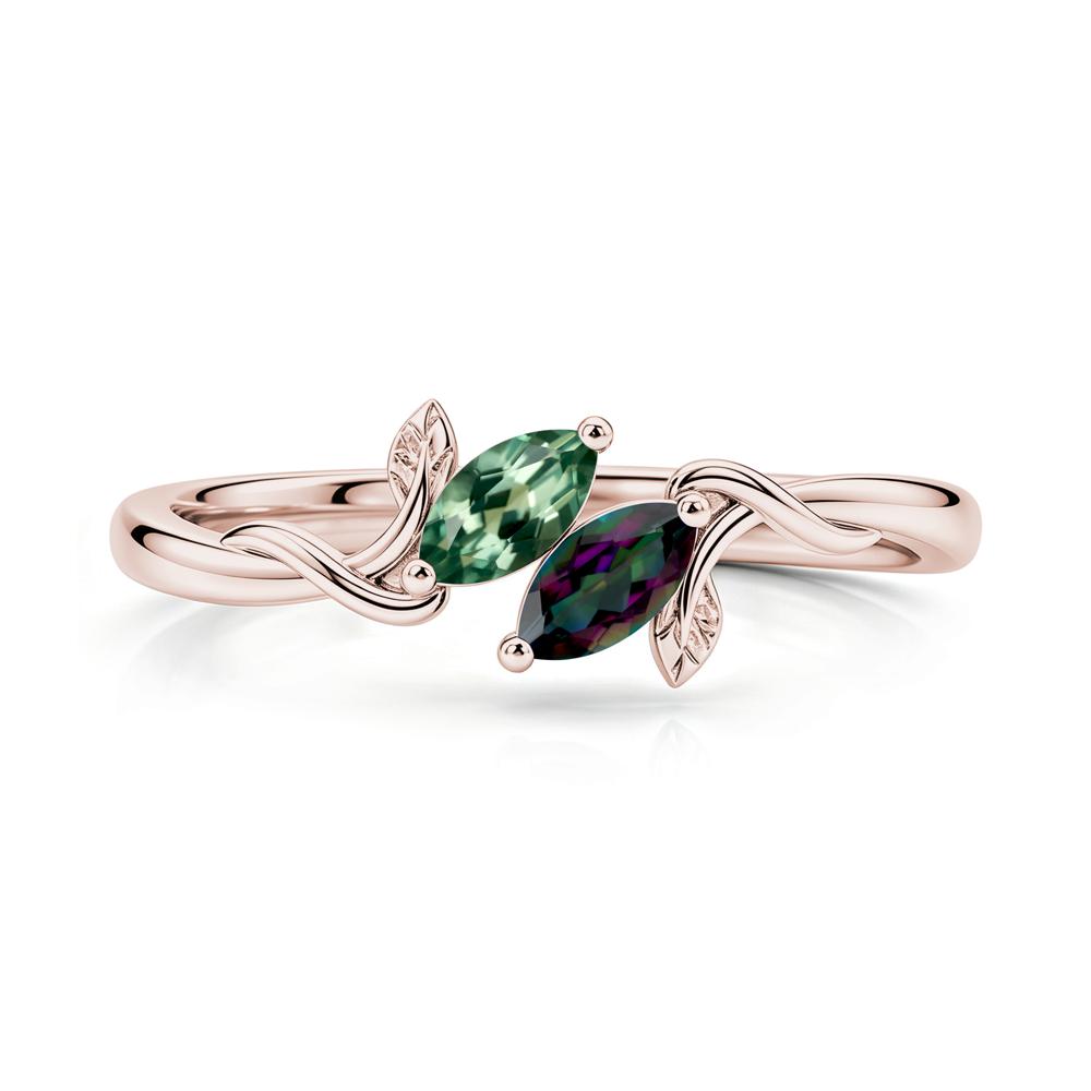 Bypass Leaf Toi Et Moi Rose Quartz and Ruby Ring - LUO Jewelry #gemstone_Green Sapphire and Mystic Topaz